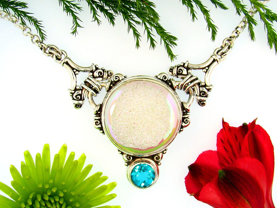 Sterling silver very large pendant with 30mm round Opalescent Druzy Quartz + 10mm round Pariba Quartz Doublet accent. Attached heavy duty rolo chain.