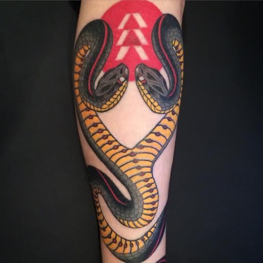 Double headed snake tattoo done by Fran Massino. next. 