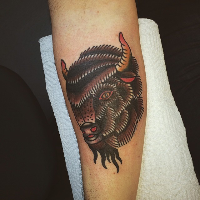 Traditional Bison Tattoo By Spencer Evans Color Black Gold Tattoo Co.