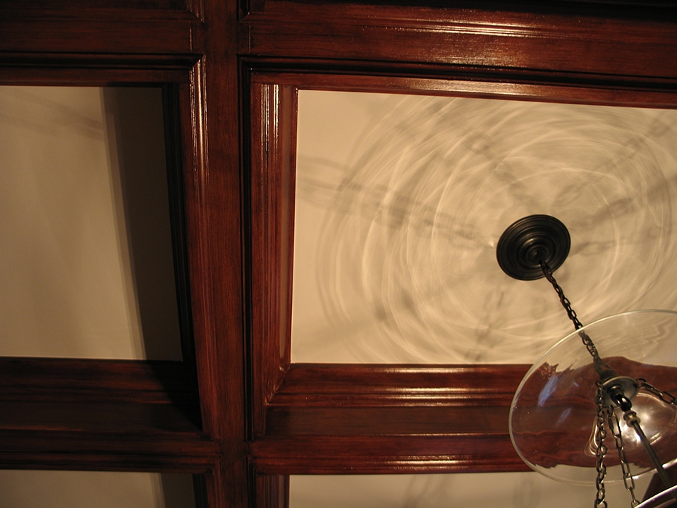Faux mahogany coffered ceilng